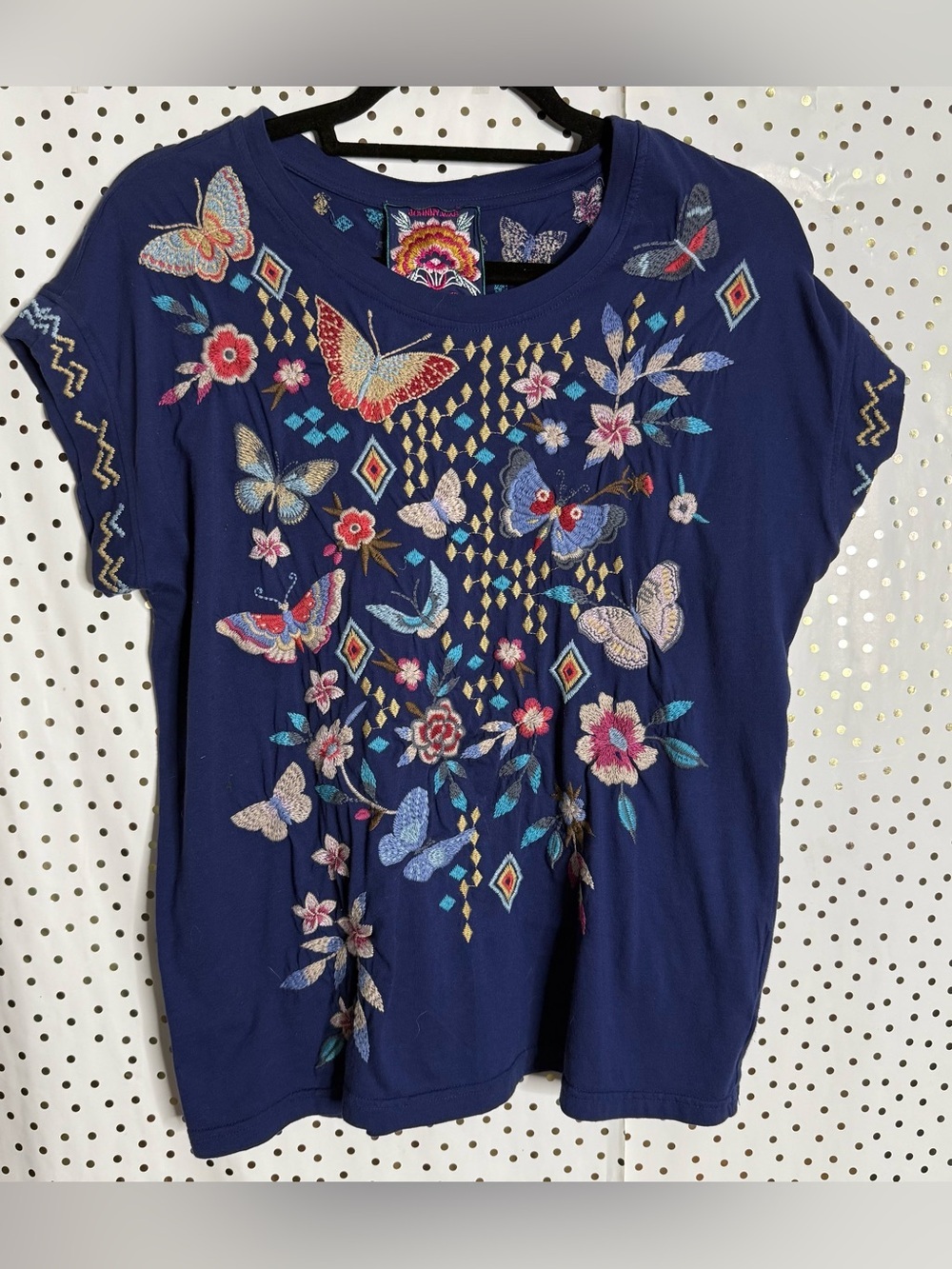 Johnny Was Embroidered Butterfly Floral Tee Navy